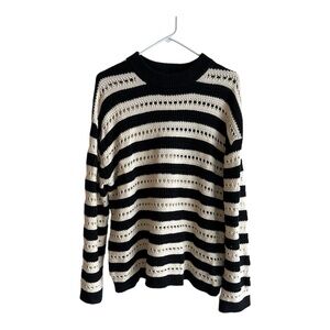 H&M Black and Cream Striped Crewneck Sweater